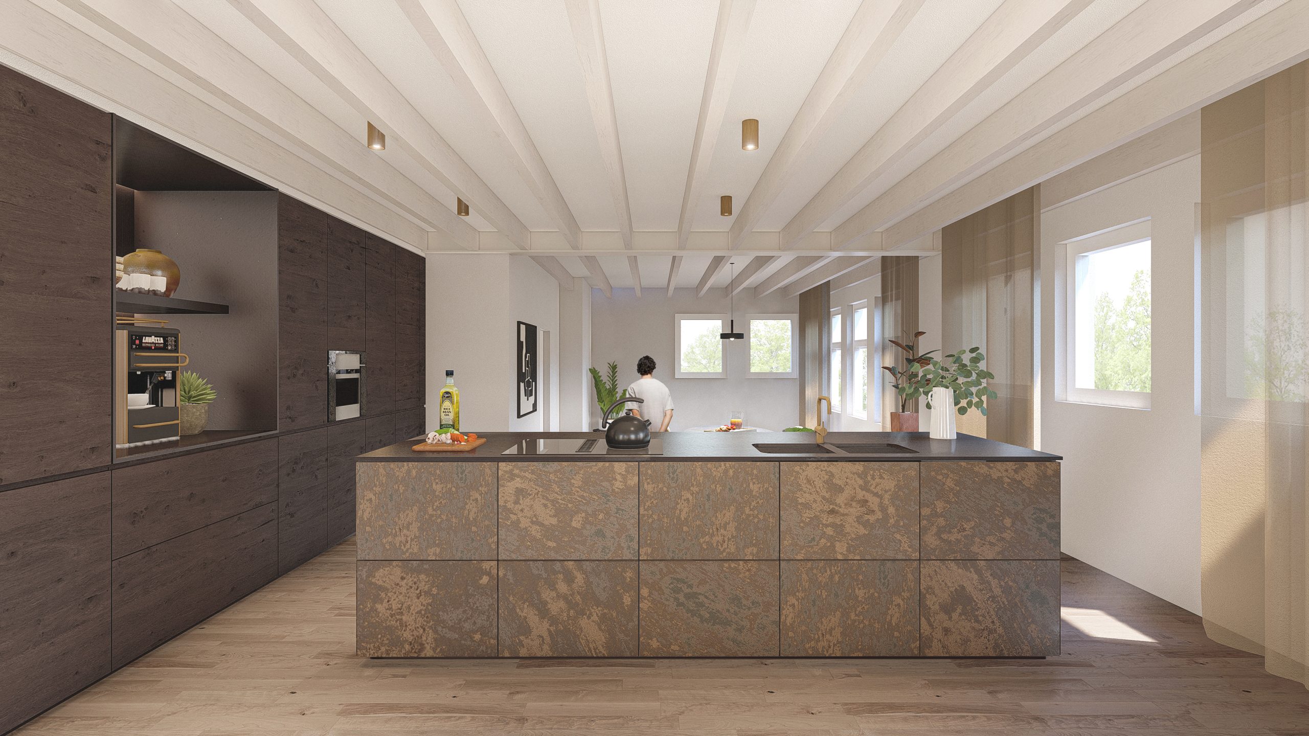 Bespoke design kitchen with textured brass fronts on isle and dark wooden cabinets contemporary serene high quality