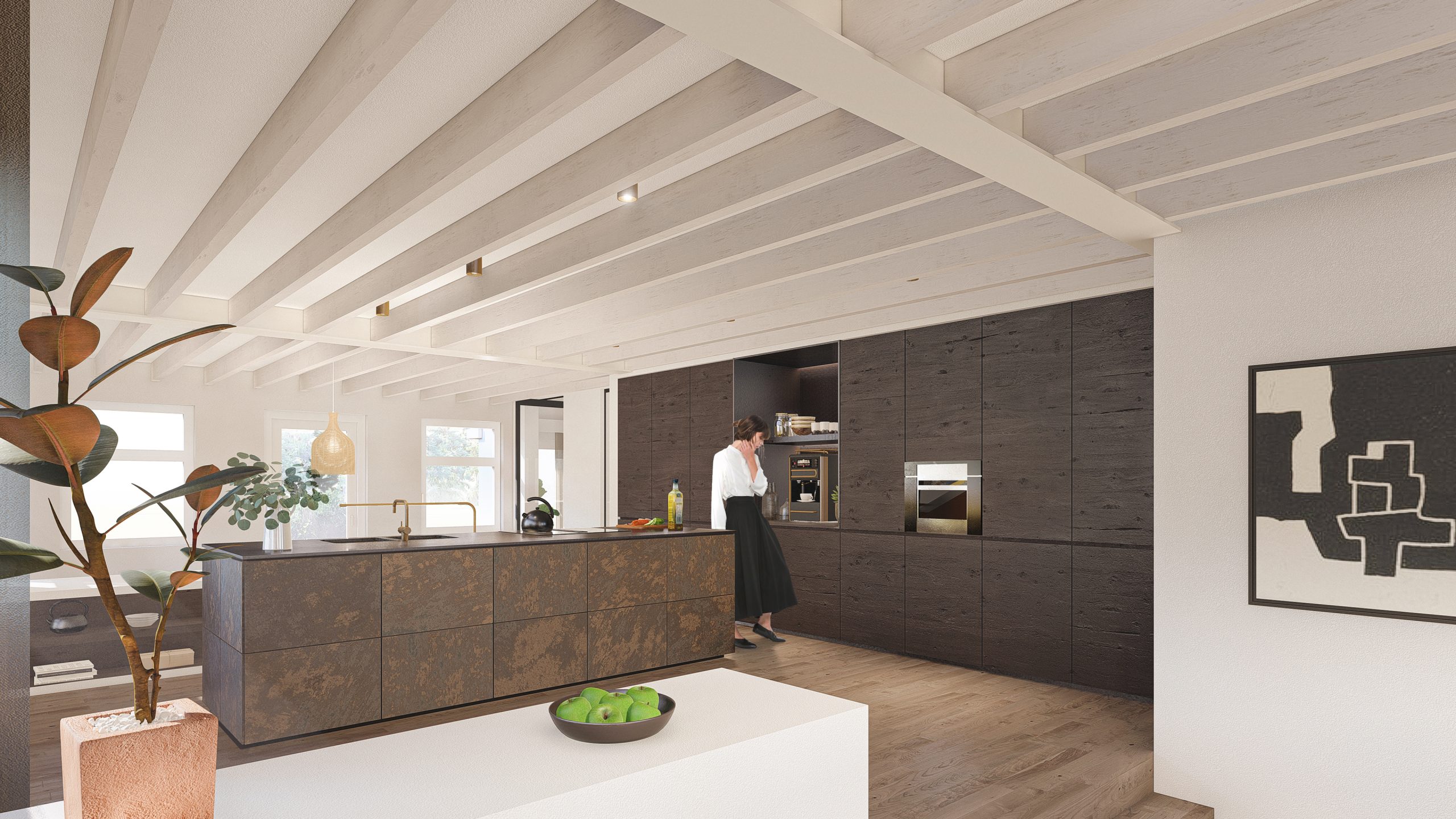 Design bespoke kitchen with signature art piece and textured brass fronts on kitchen isle with dark wooden cabinets by MOST Architecture Rotterdam
