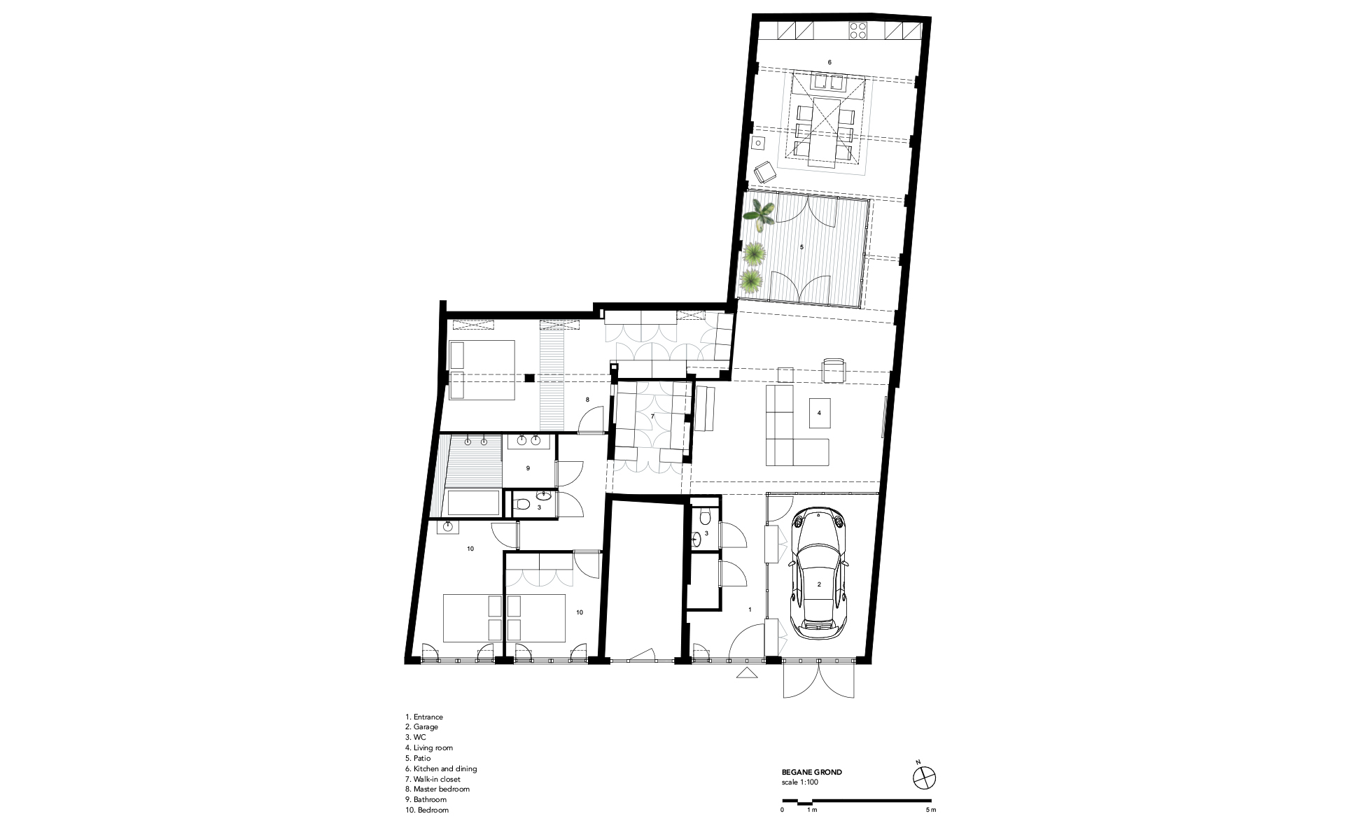 Drawing floorplan residential architecture with openable green patio and Porsche parking in living a bespoke design and built by MOST Architecture, Rotterdam
