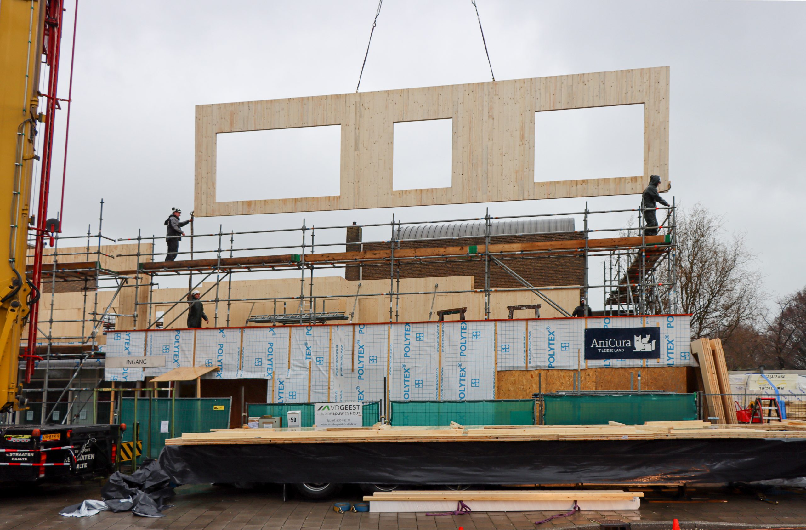 CLT prefab elements arrived and mounted on site Anicura 't Leidse Land