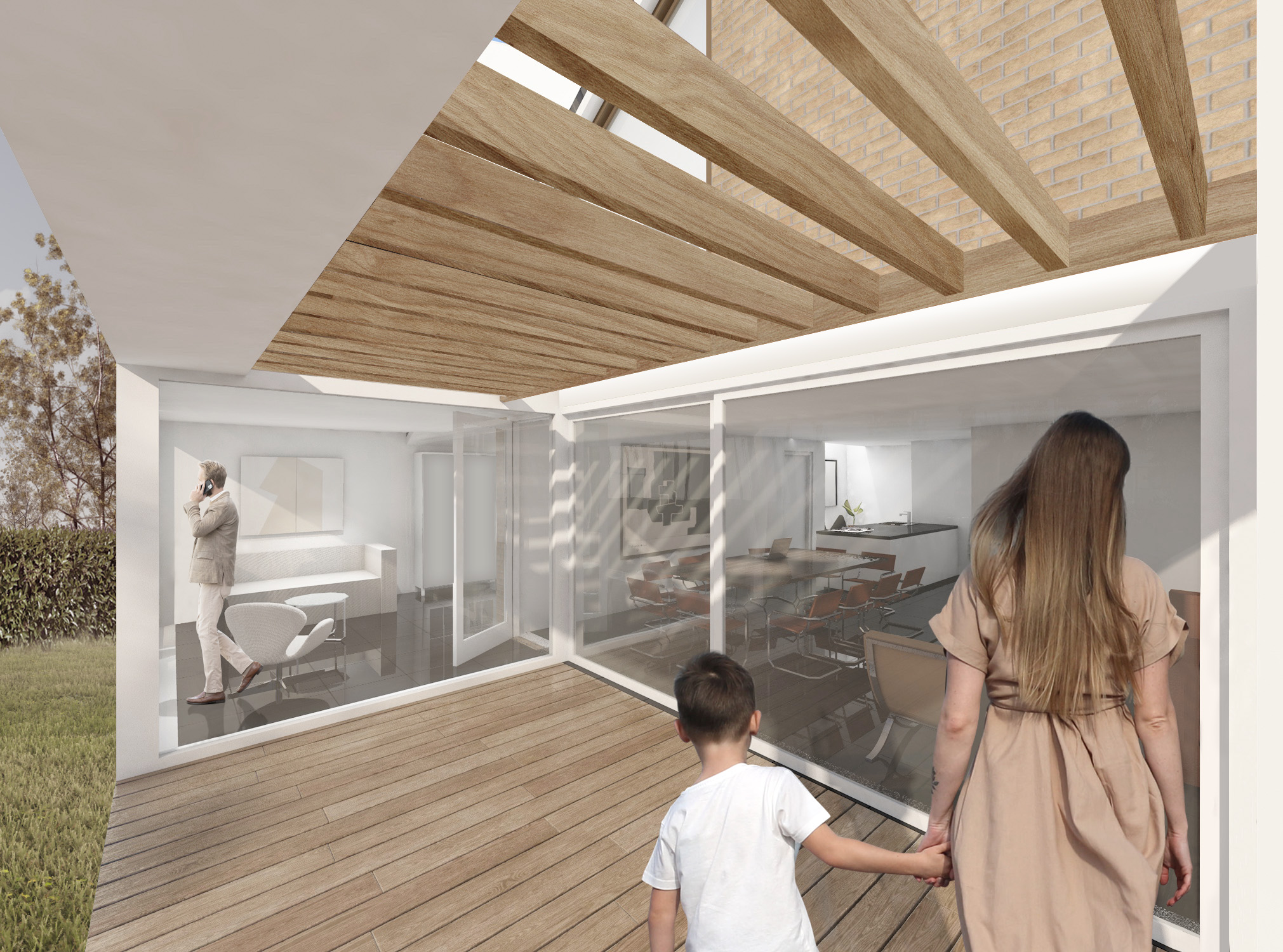 Architectural visualisation showing the garden extension of the private residence, featuring a red cedar timber roof that provides both shelter and shading. The warmth of the timber, used for both the deck and the roof structure, ties into the earthy tones of the buff color bricks, in contrast with the crisp white aluminum window frames. Design by MOST Architecture, Rotterdam.