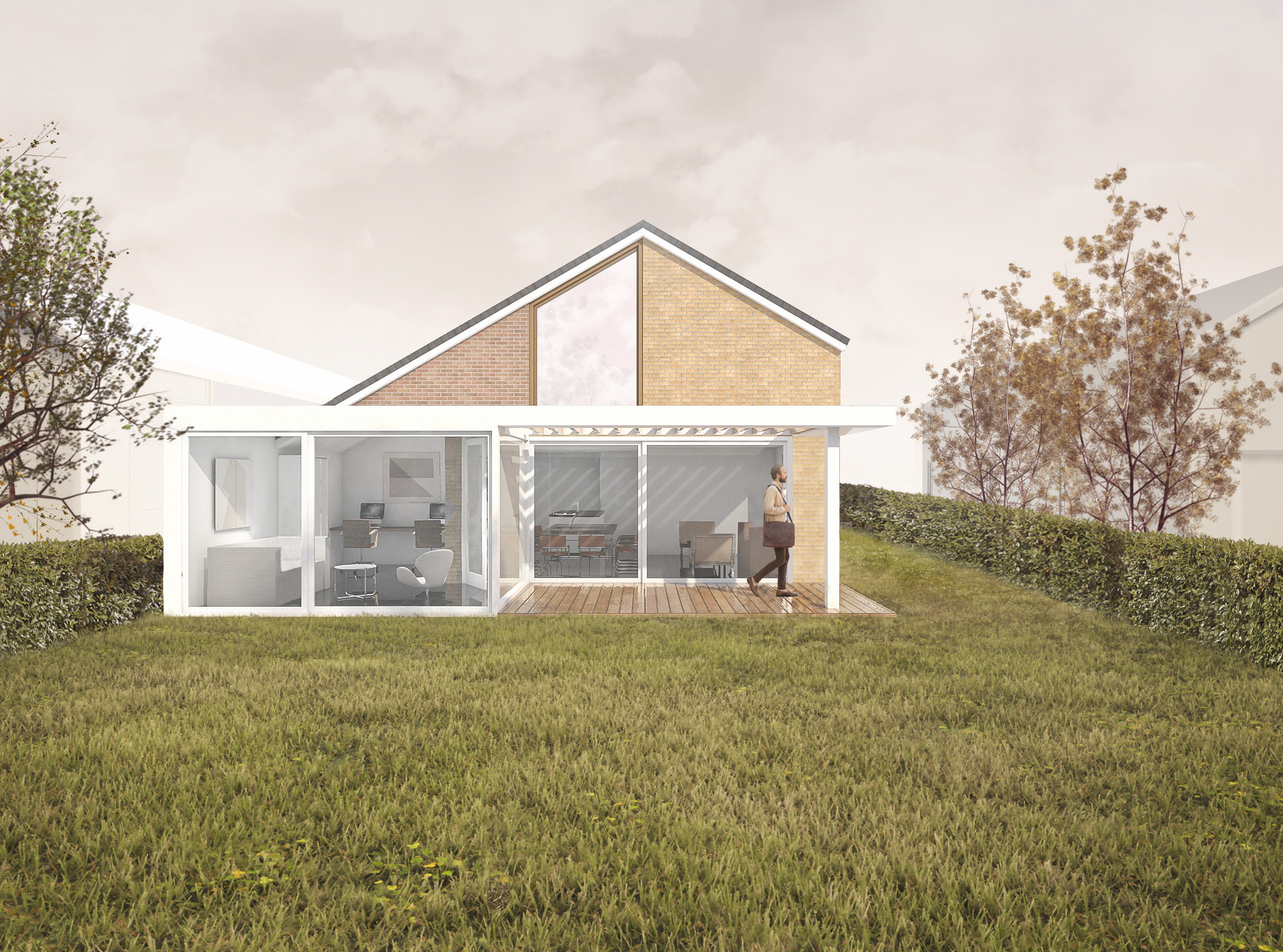 Architectural visualisation showing the front façade of the private residence and the garden extension as seen from the garden, featuring an operable glazed extension with adjacent semi-covered patio space on the ground floor. The asymmetrical façade articulation is emphasized by a darker and a lighter shade of buff color bricks, on either side of a floor-to-ceiling window on the upper floor. Design by MOST Architecture, Rotterdam.