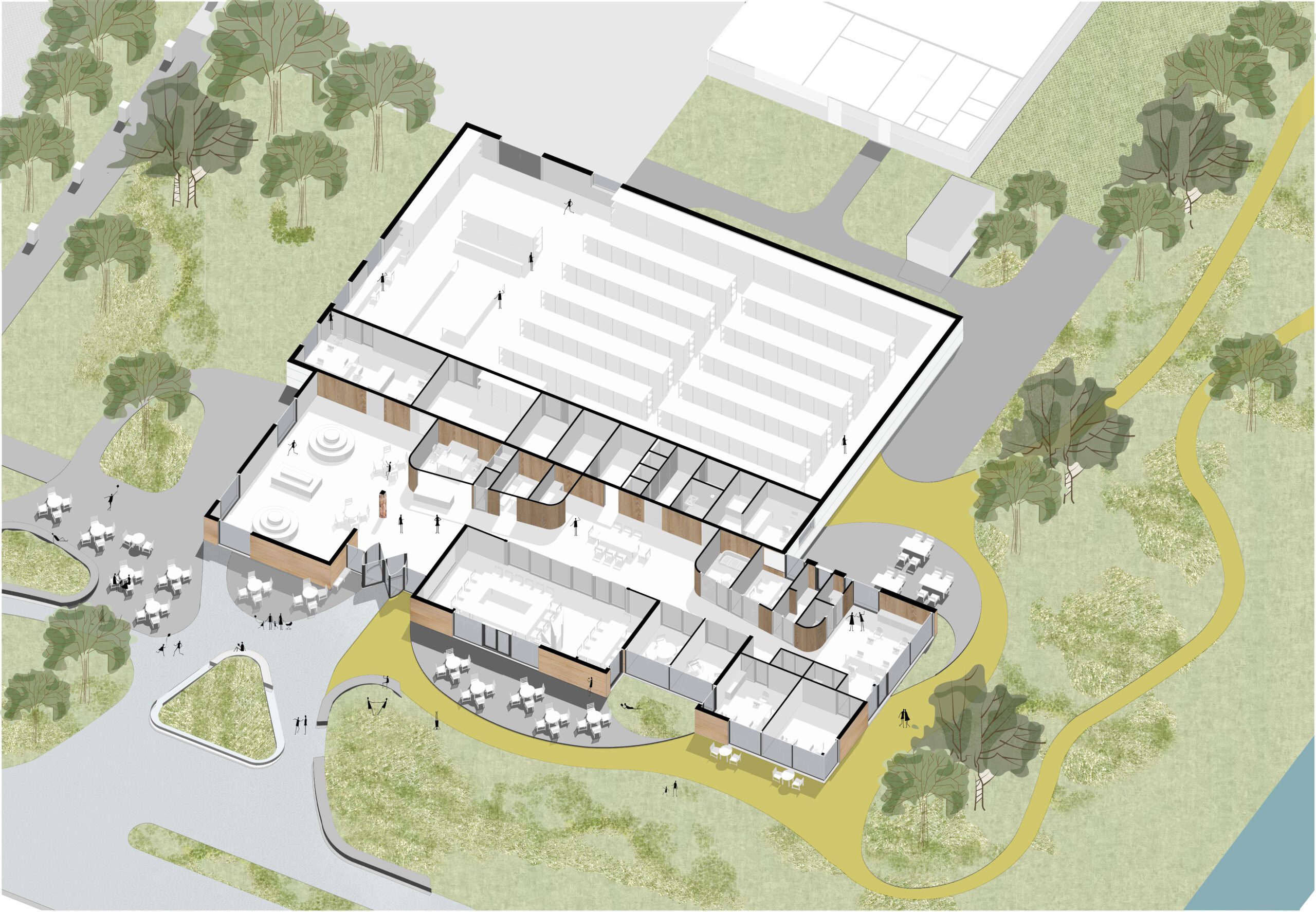 Sectional axonometric drawing showing an overview of the preliminary design, including the workspace, meeting rooms, exhibition area and storage facilities for the Scouting Basecamp, designed by MOST Architecture.