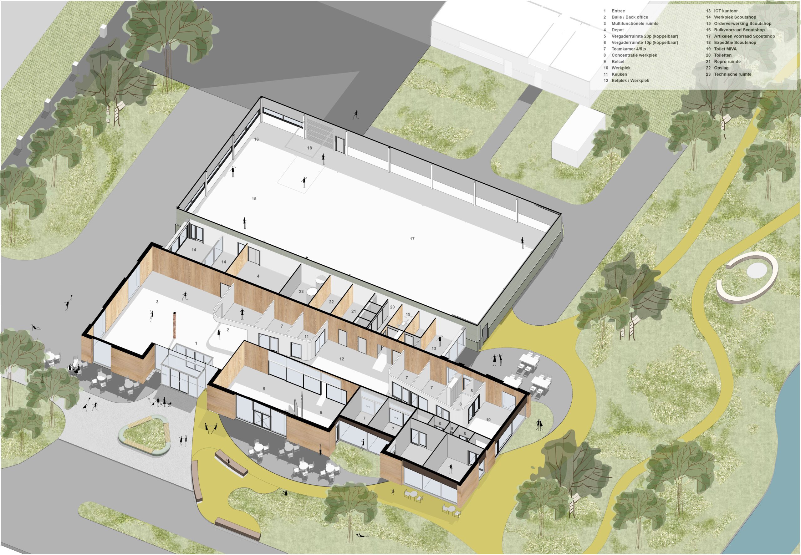 Sectional axonometric drawing showing an overview of the preliminary design, including the workspace, meeting rooms, exhibition area and storage facilities for the Scouting Basecamp, designed by MOST Architecture.