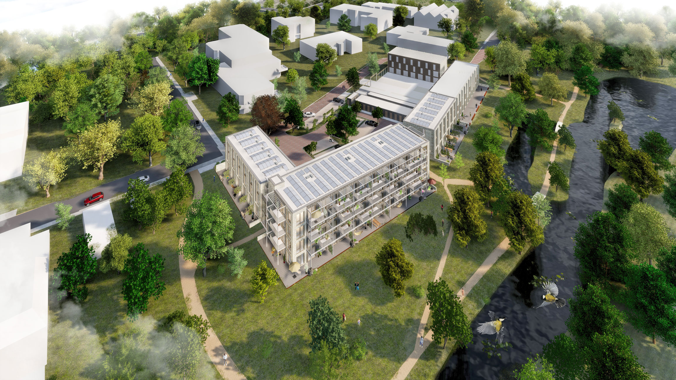 The bird's eye view of the park and solar-paneled roof of the housing development in Leusden, designed by MOST Architecture + TOMDAVID Architecten.