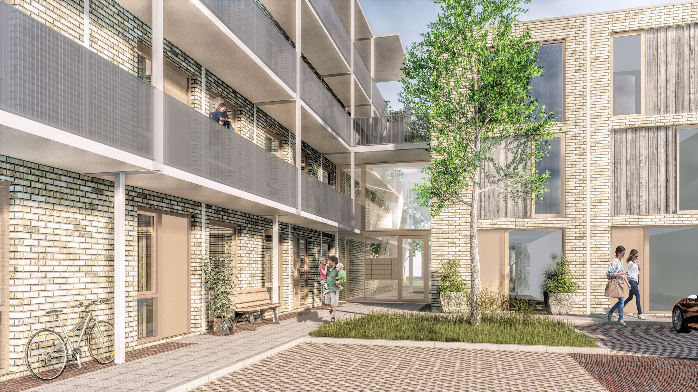 The welcoming entrance of the housing development in Leusden, captured from the parking lot, designed by MOST Architecture + TOMDAVID Architecten.