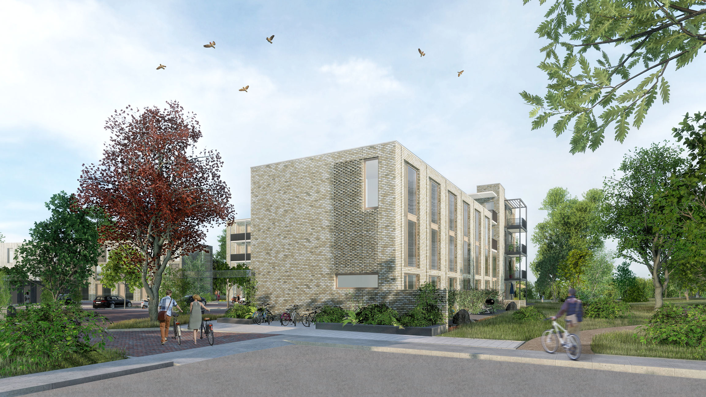 Side view of the housing development in Leusden, where the facade's relief and greenery blend perfectly with the park, designed by MOST Architecture + TOMDAVID Architecten.