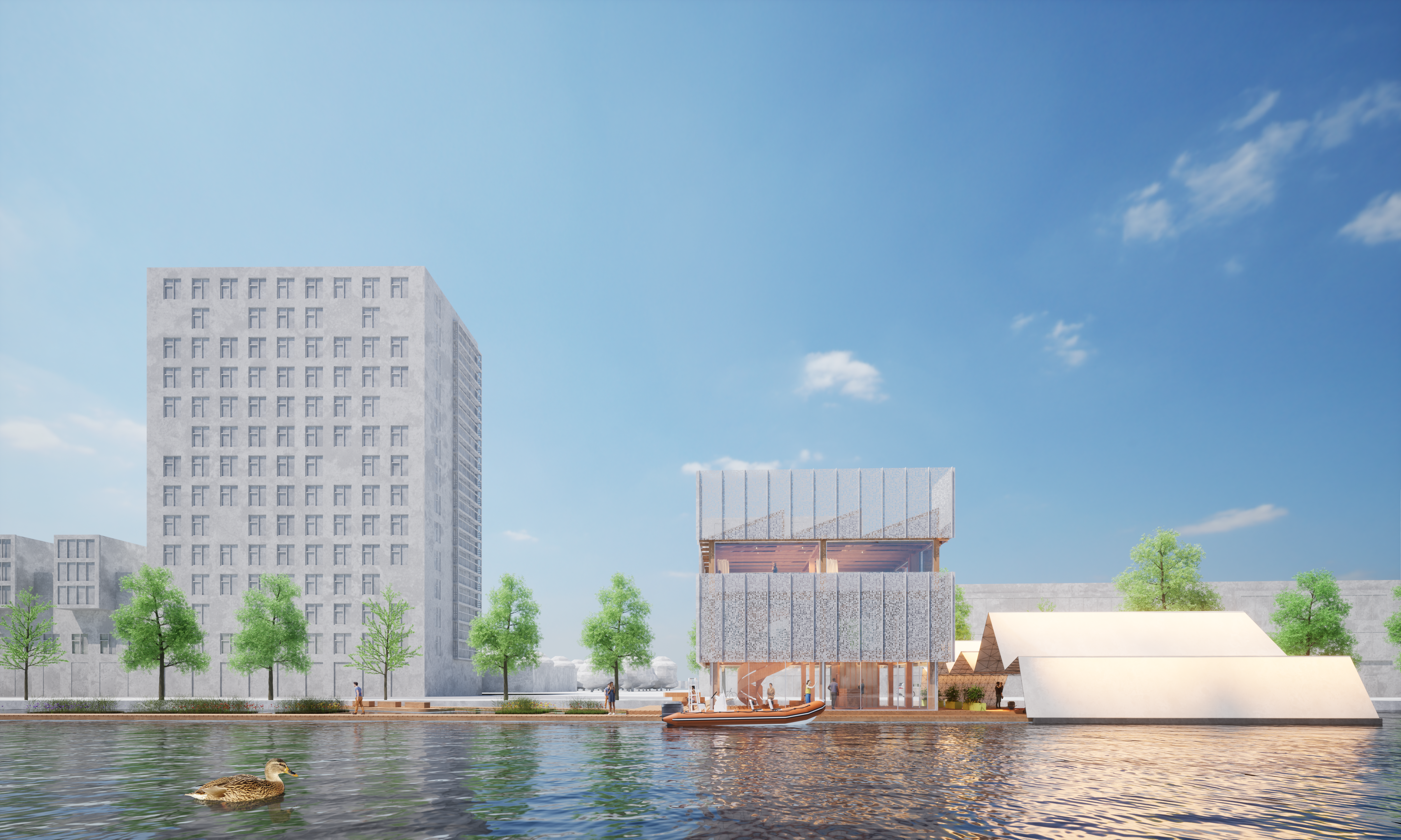 The floating office from the other side of the river, designed by MOST Architecture in collaboration with Studio Larkemika and Magnus Weightman