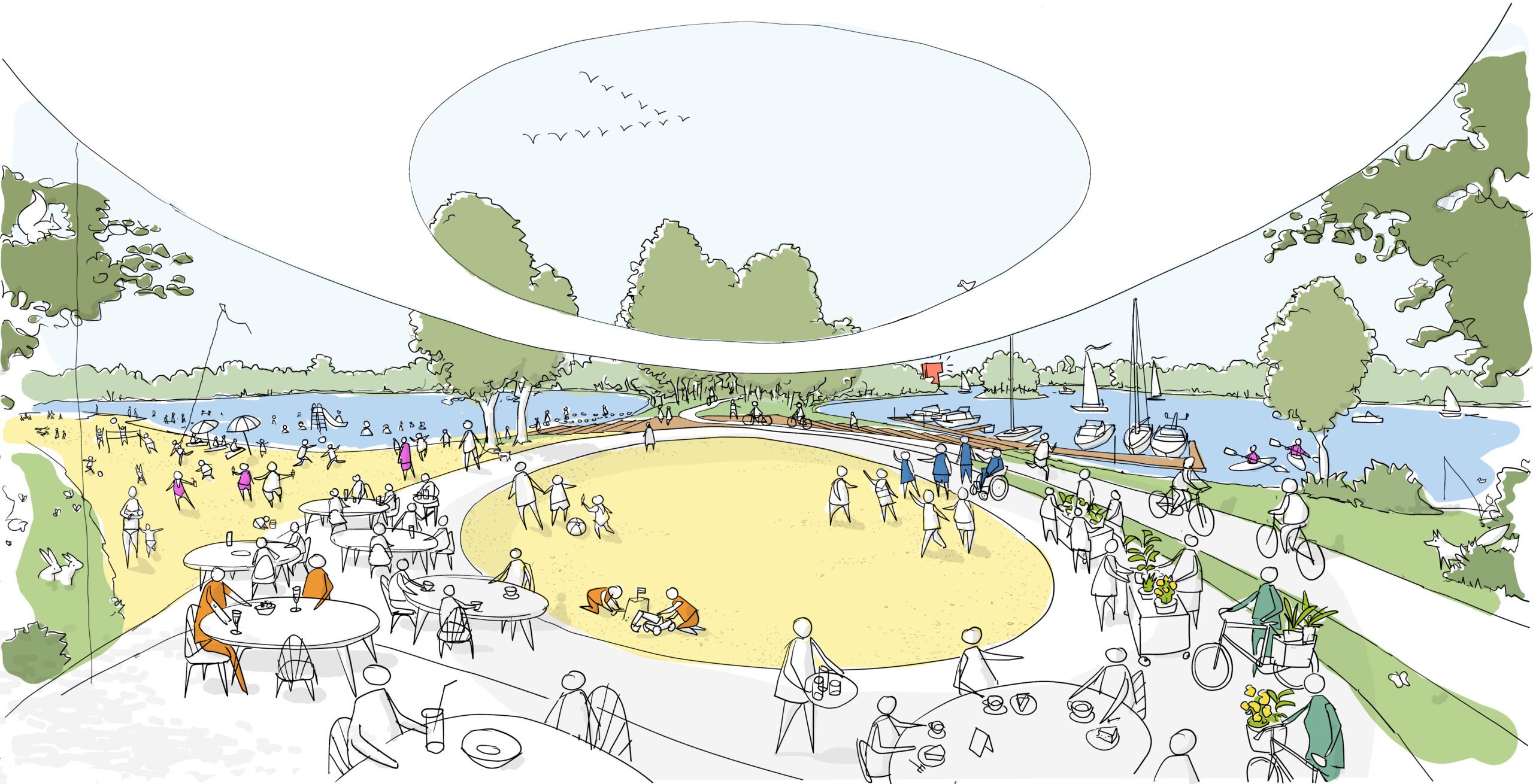 The impression of the welcoming panoramic public space, designed by MOST Architecture In collaboration with Studio Larkemika and Magnus Weightman